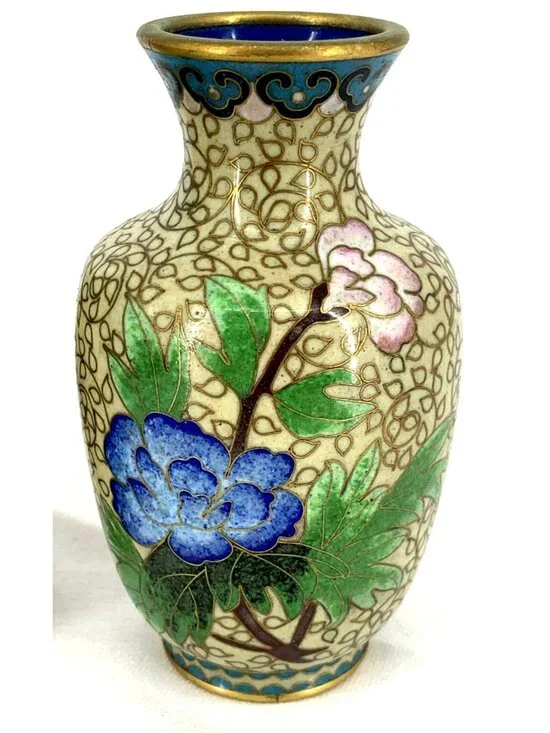 Cloisonne Mini Vases Gold Toned Asian Enamel Vases Floral 4" Tall Vtg Mini - Picture 3 of 8